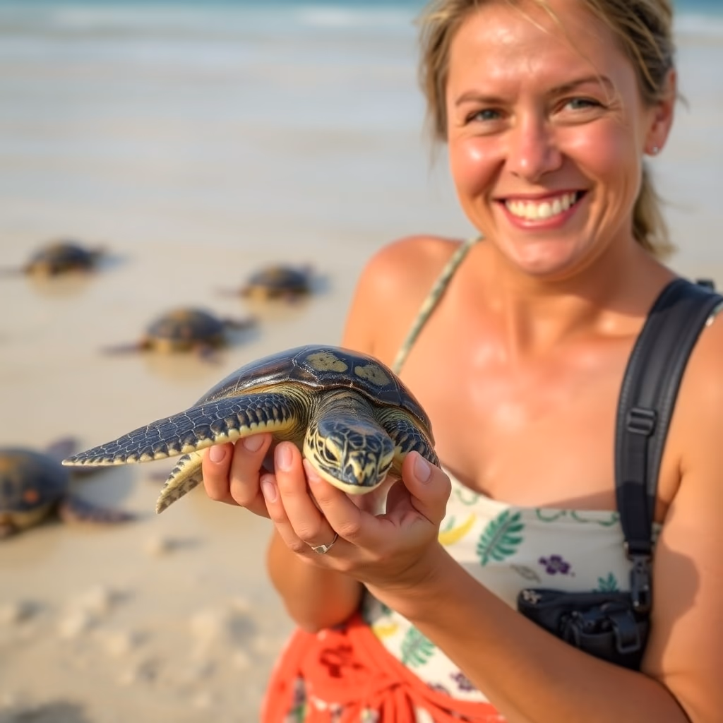 A smiling female holding up a turtle